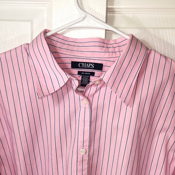 CHAPS MENS  SHIRT LONG SLEEVES PINK WITH BLUE STRIPES SIZE 2X NO IRON - Picture 4 of 9